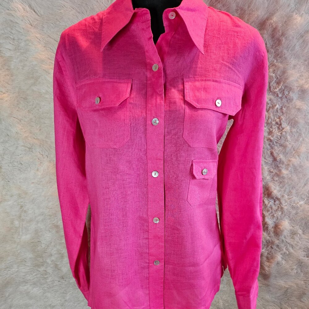 Vintage Conrad C Women's Pink 100% Linen Long Sleeves Button Down Shirt Size 10